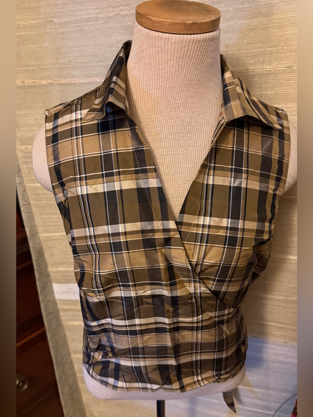 New York & Company Olive and Black Plaid Sleeveless Button-Down Shirt